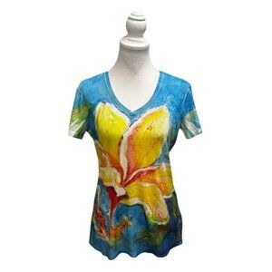Leoma Lovegrove Womens V-Neck Short Sleeve Artistic Floral Print Top Size M